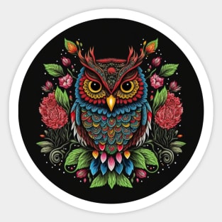 Colorful Owl, Flowers and Leaves Emblem Sticker